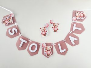 Baner urodzinowy STO LAT – miś z balonikiem różowy